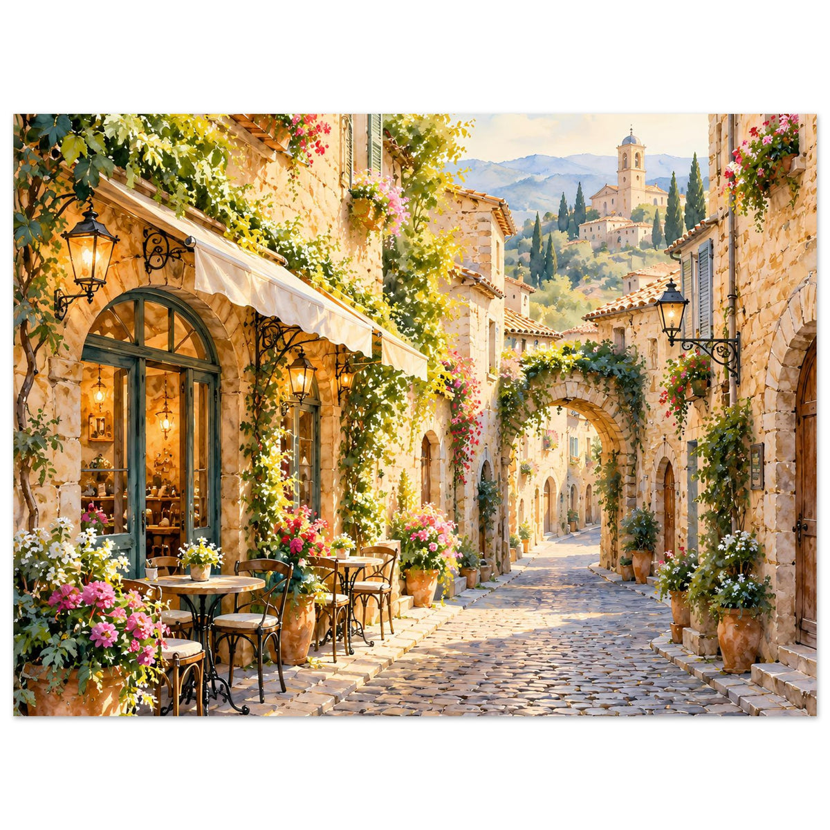 Poster einer mediterranen Dorfstraße mit Blumen, Cafétischen und Torbogen