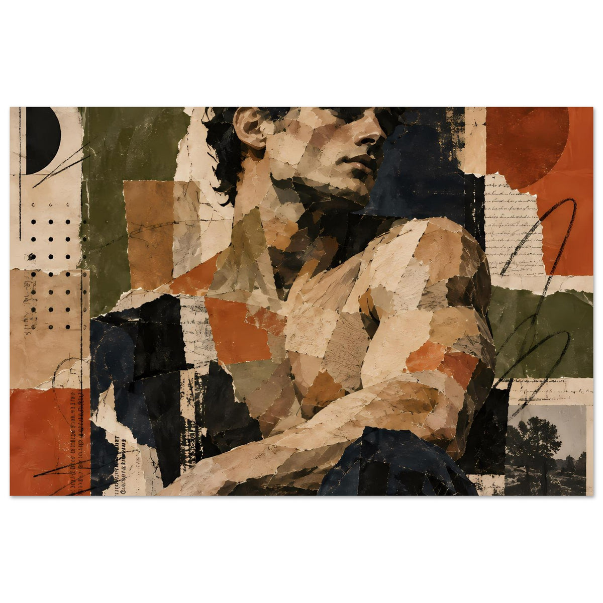 Collage-Kunstposter im Querformat: Porträt aus Zeitungspapier-Textur und Erdtönen