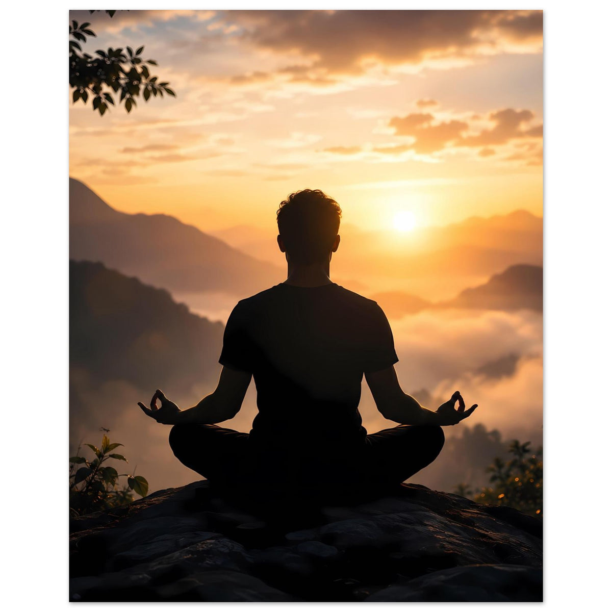 Meditationsposter mit Silhouette im Lotussitz, Sonnenaufgang über Bergen, Pflanzen oben links