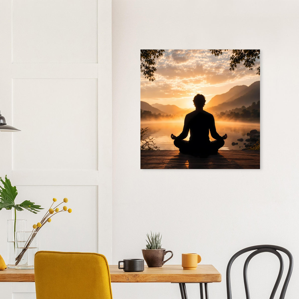 Quadratisches Meditationsposter: Silhouette im Schneidersitz bei Sonnenaufgang über dem Wasser
