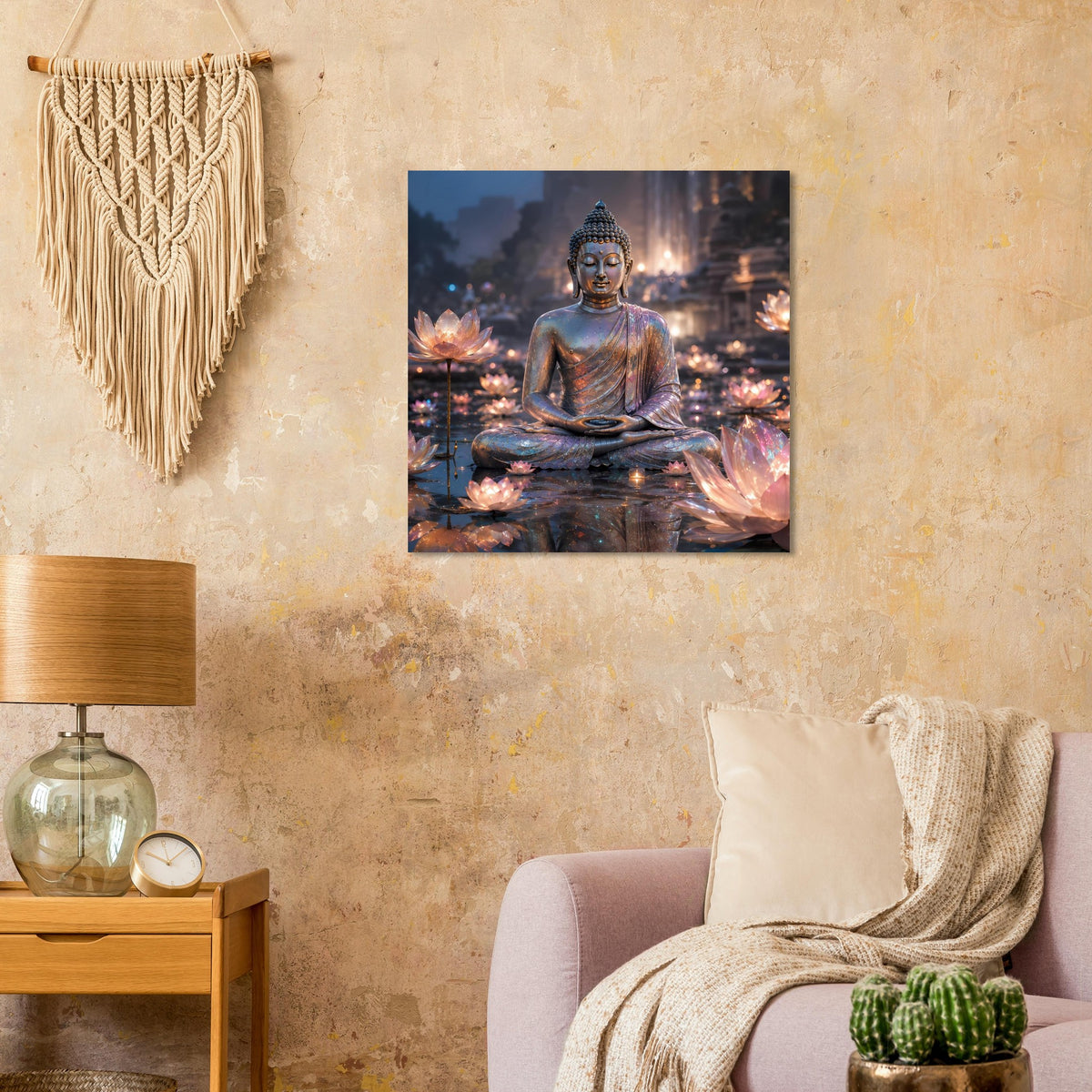 Meditationsposter mit sitzendem Buddha und leuchtenden Lotusblüten, quadratisches Motiv