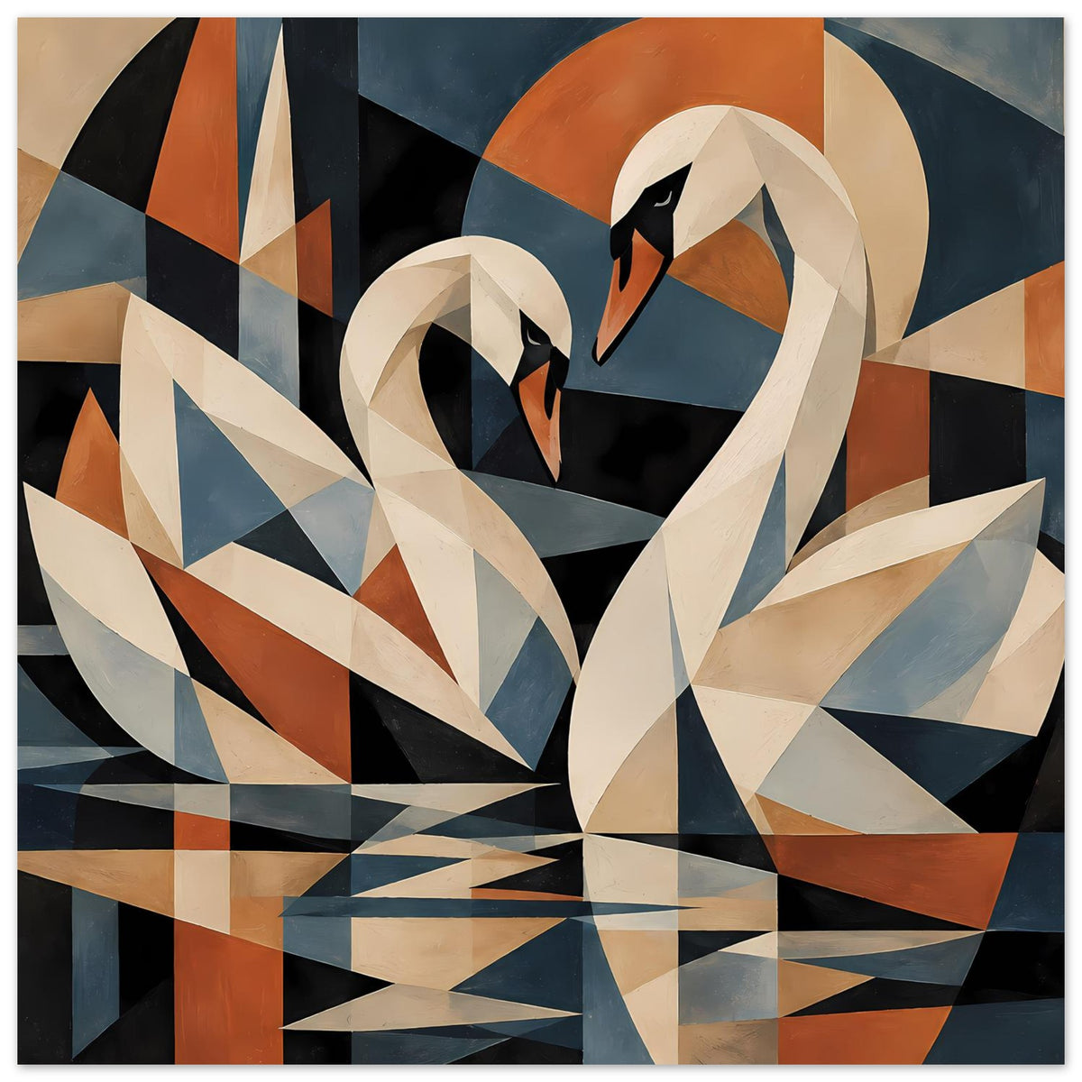 Abstraktes Schwanen-Poster mit geometrischen Kanten in Blau, Beige, Schwarz und Orange