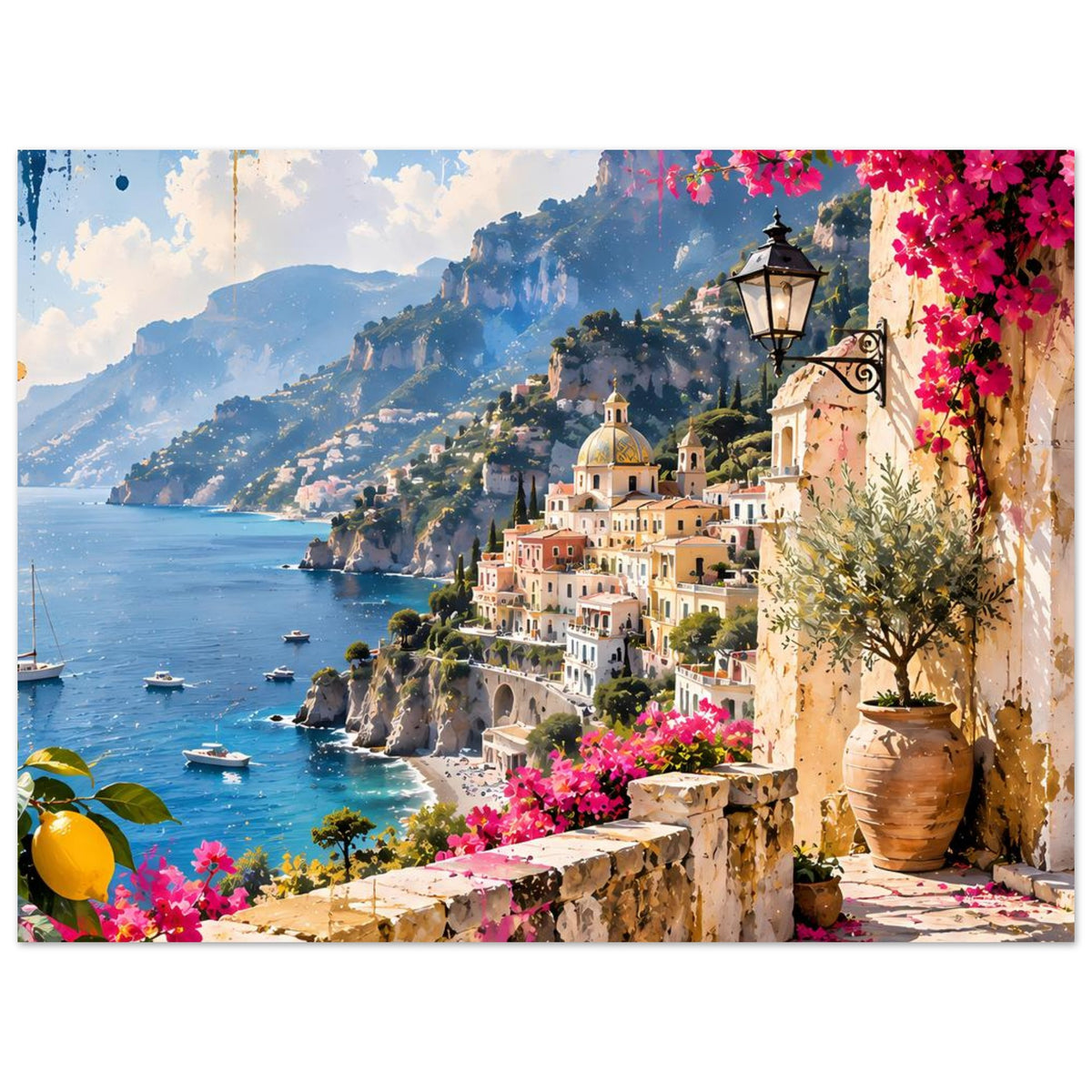 Poster mit mediterraner Küste und weißem Häuserensemble, rosa Blumen, Laterne und Zitronen