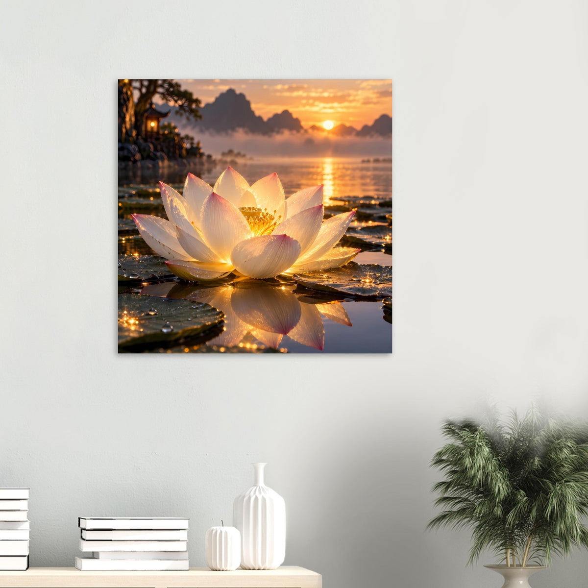 Lotusblüten-Poster mit leuchtender Blüte und Sonnenuntergang über ruhigem Wasser
