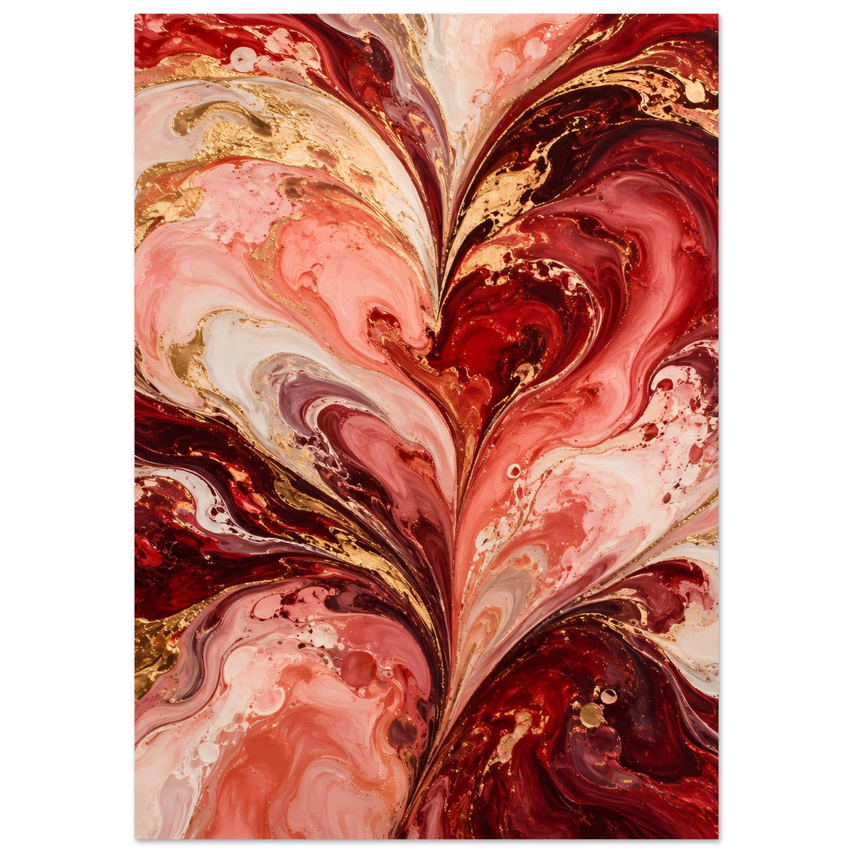Liebesposter im Hochformat mit abstraktem Herz, Swirls in Rot, Rosa, Creme und Gold