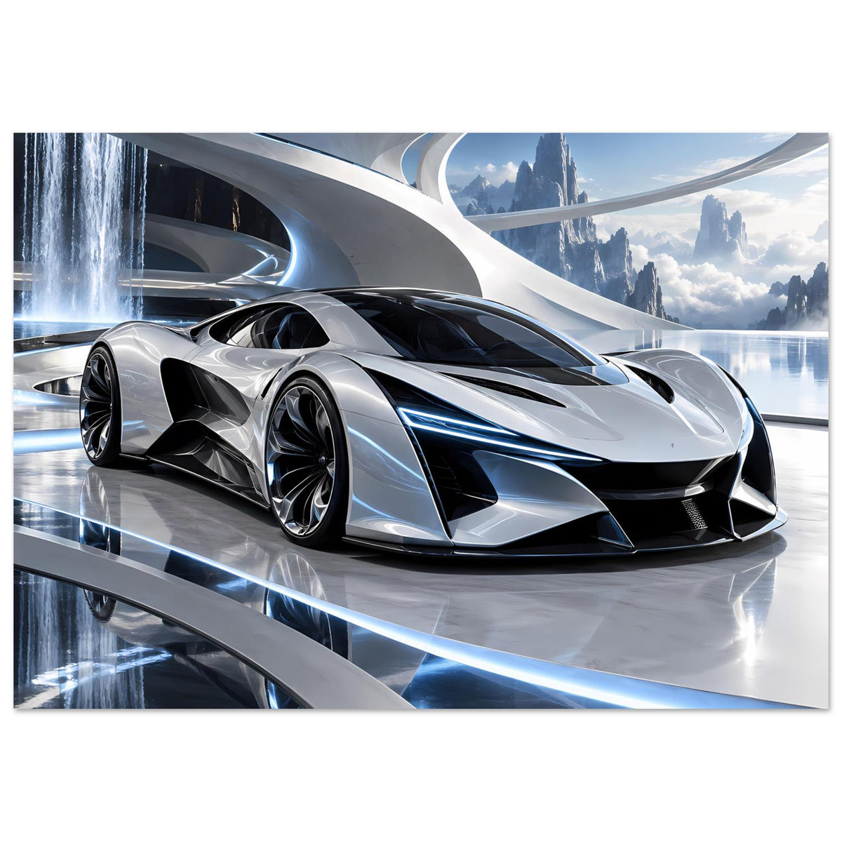 Futuristisches Auto-Poster: silberner Supersportwagen von vorn im futuristischen Raum