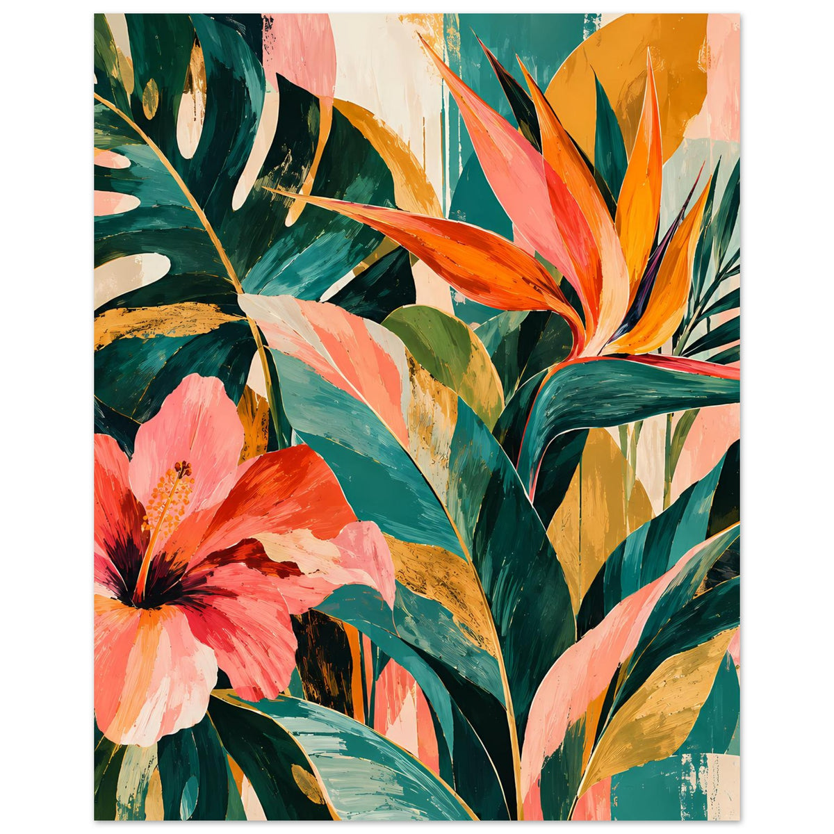 Vertikales Kunstposter mit tropischen Blüten, orange-gelben Fasanenblumen und üppigem Blattwerk