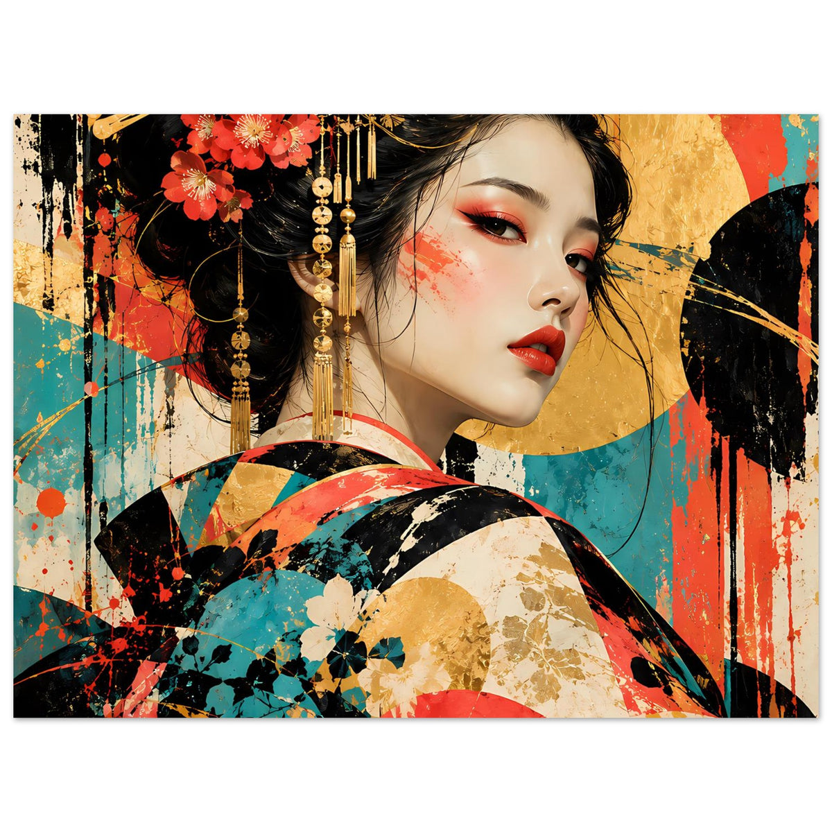 Horizontales Poster Geisha: Gesicht, rote Lippen, bunte Kimono- und Haarornamente