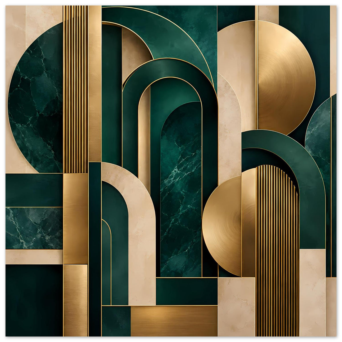 Art-Deco-Poster mit großen Kreis- und Bogenformen in Gold und dunkelgrünem Marmor-Look.