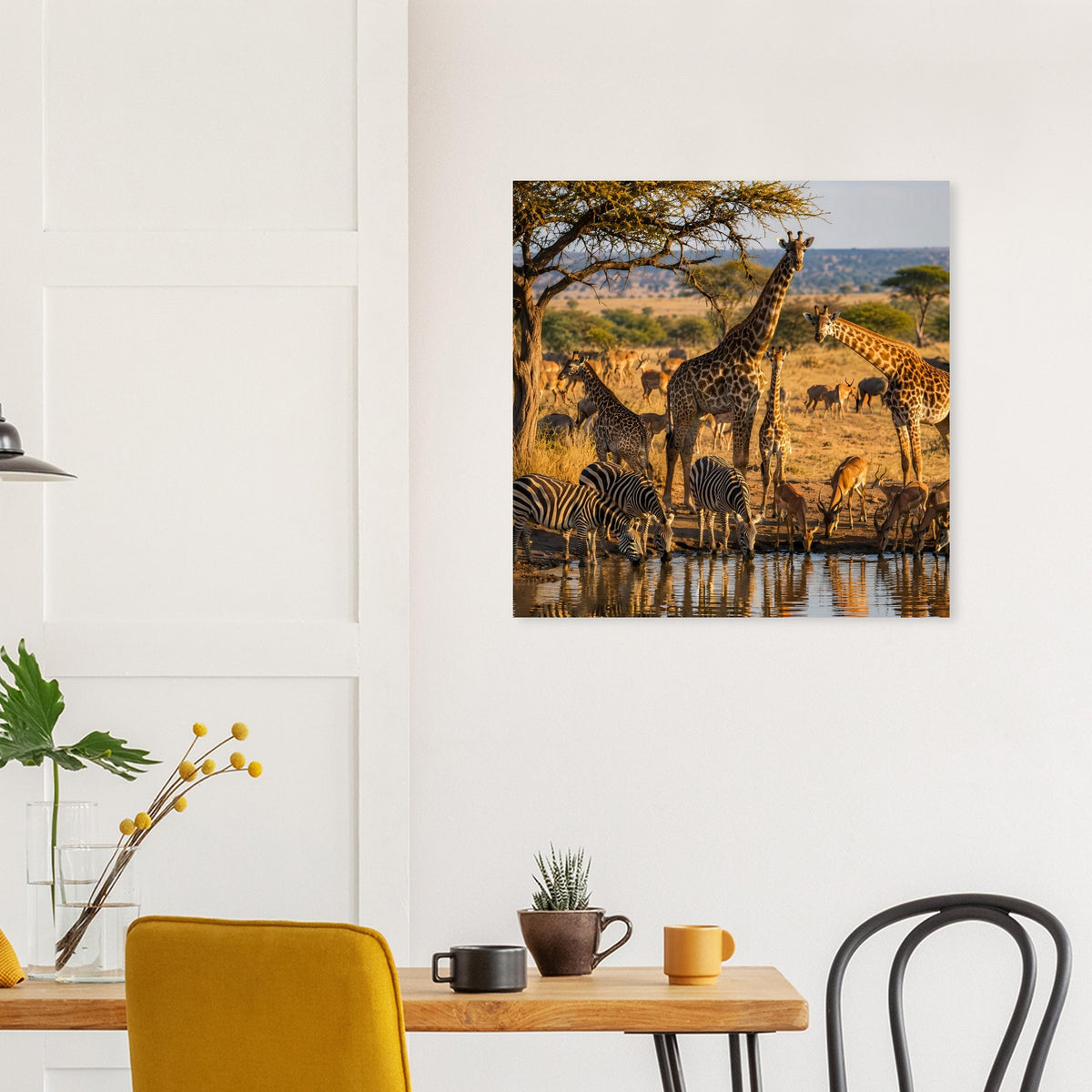 Safari-Wildtierszenen-Poster mit mehreren Tieren, Wasserreflexionen und warmem Look