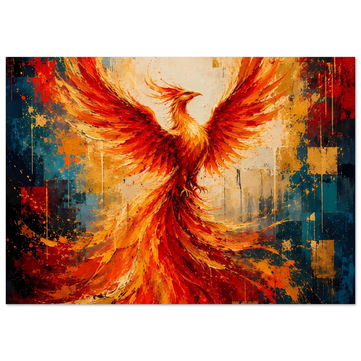 Phönix-Poster im Querformat, leuchtender Phönix, Rot-Orange und Blautöne im Muster