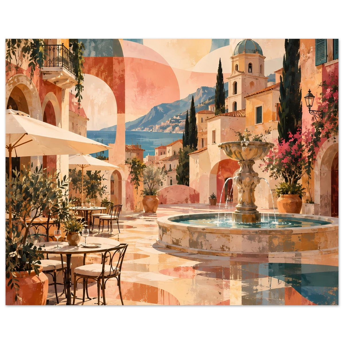 Poster mit mediterranem Blick: Brunnen, Zelt/Schirm, Blumenranken und Pastellwolken