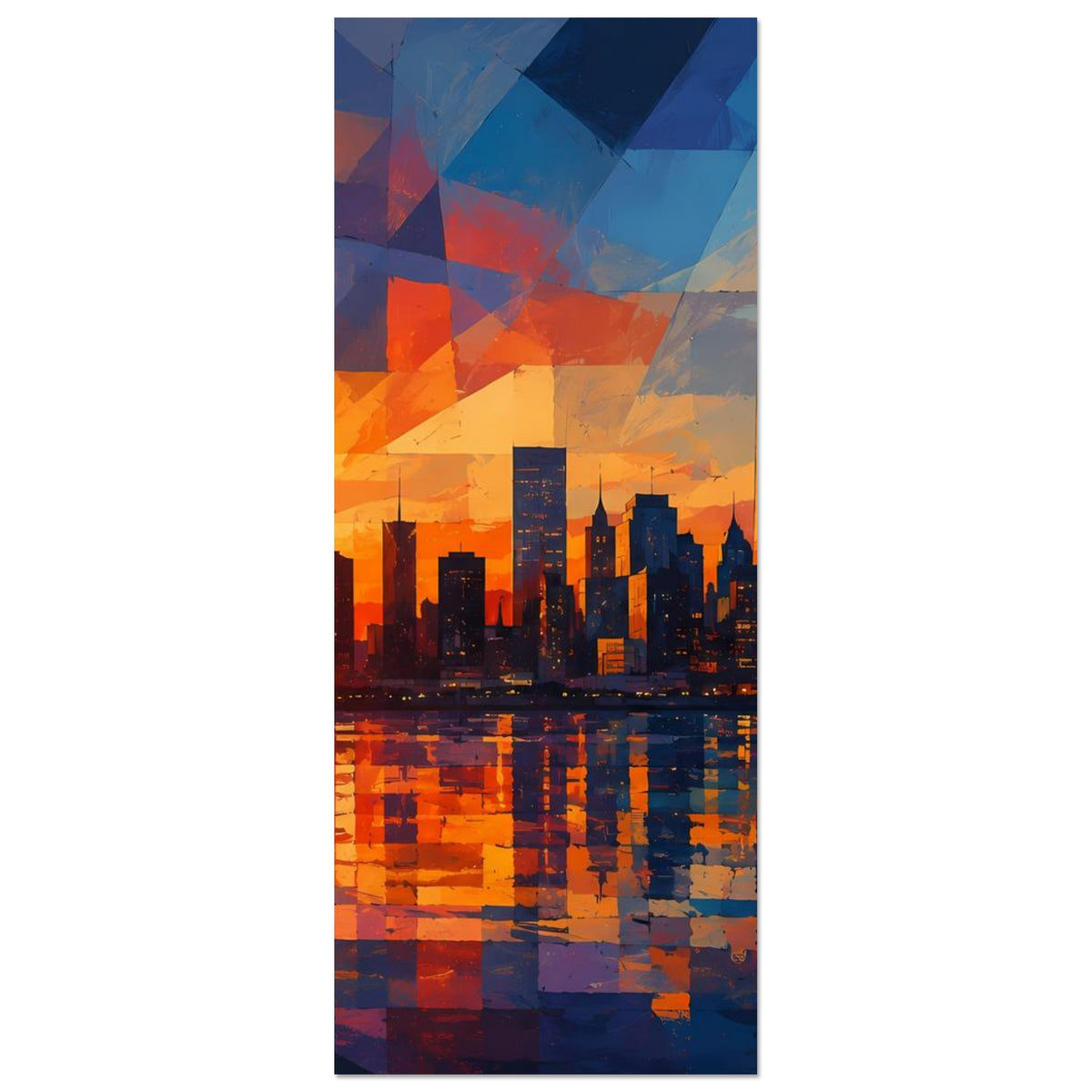 Vertikales gerahmtes Poster mit abstrakter Skyline, orange-blaue Farbfelder