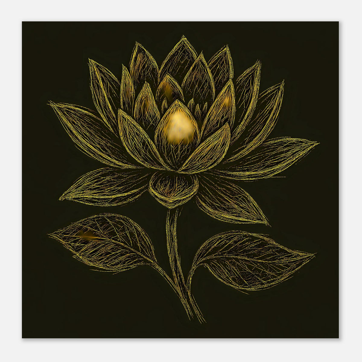 Poster mit goldener Lotusblüte und Blättern auf dunklem Hintergrund, quadratisch wirkend