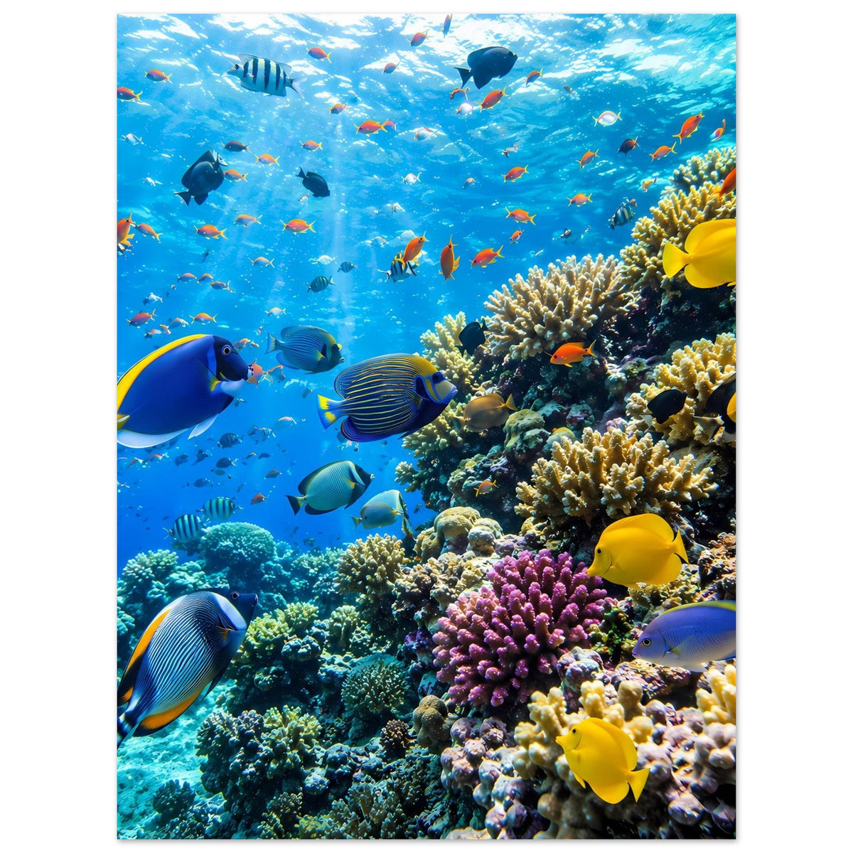 Poster mit Korallenriff, vielen tropischen Fischen und gelben Fischen rechts vorn