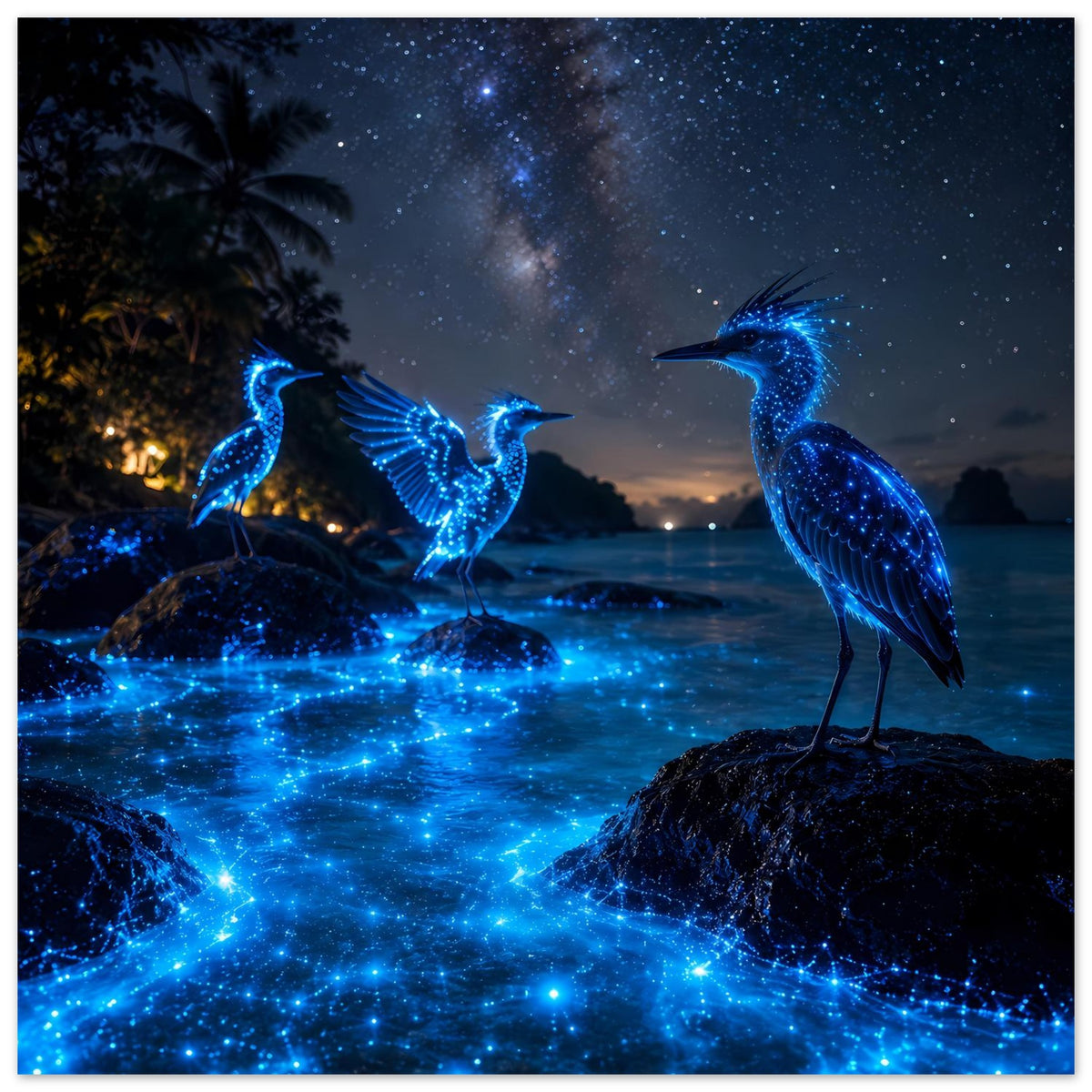 Poster: zwei blaue Nachtvögel und ein weiterer Vogel, glühendes Muster auf dem Wasser
