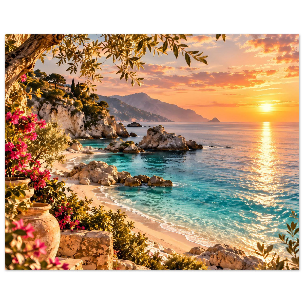 Horizontales Strandposter zum Sonnenuntergang: türkisblaues Wasser, Felsen, Blumen am Rand