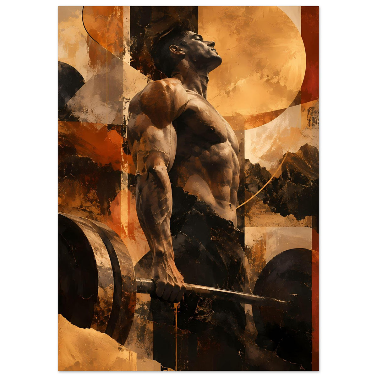 Fitness-Artposter mit aufgemaltem Hund an der Hantelstange, erdiges Orange-Braun, vertikal