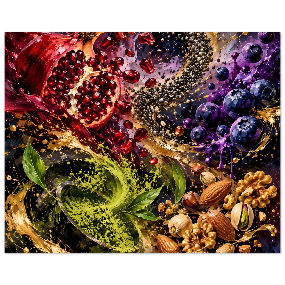 Poster im Querformat mit farbigem Fruchtmix aus Granatapfel, Beeren und Nüssen