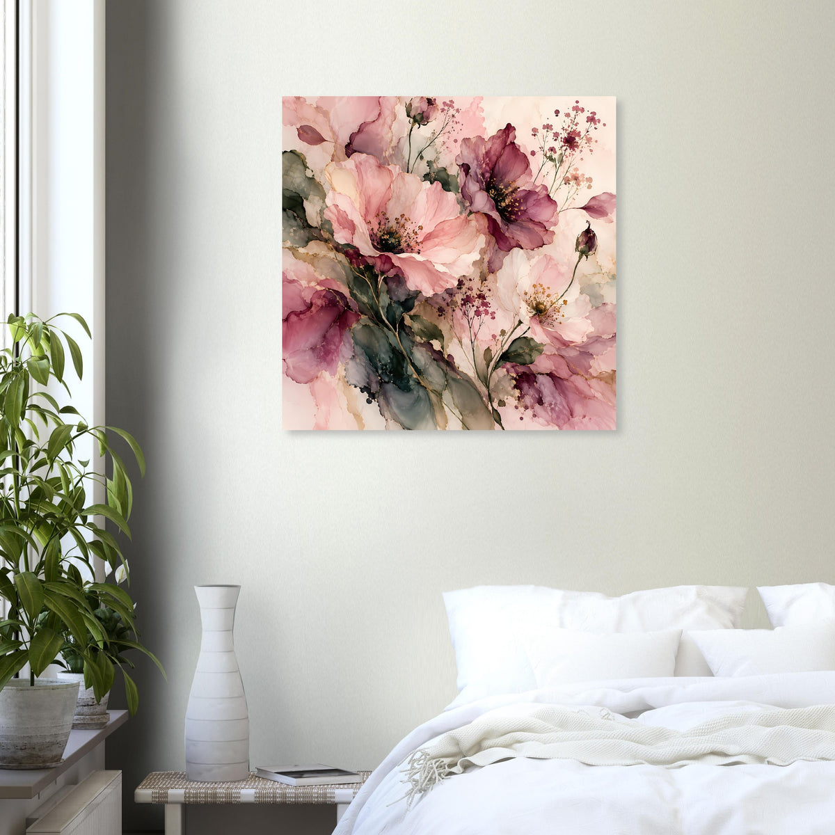 Blumenposter mit zarten rosa Blüten, burgunderroten Akzenten und grünen Blättern