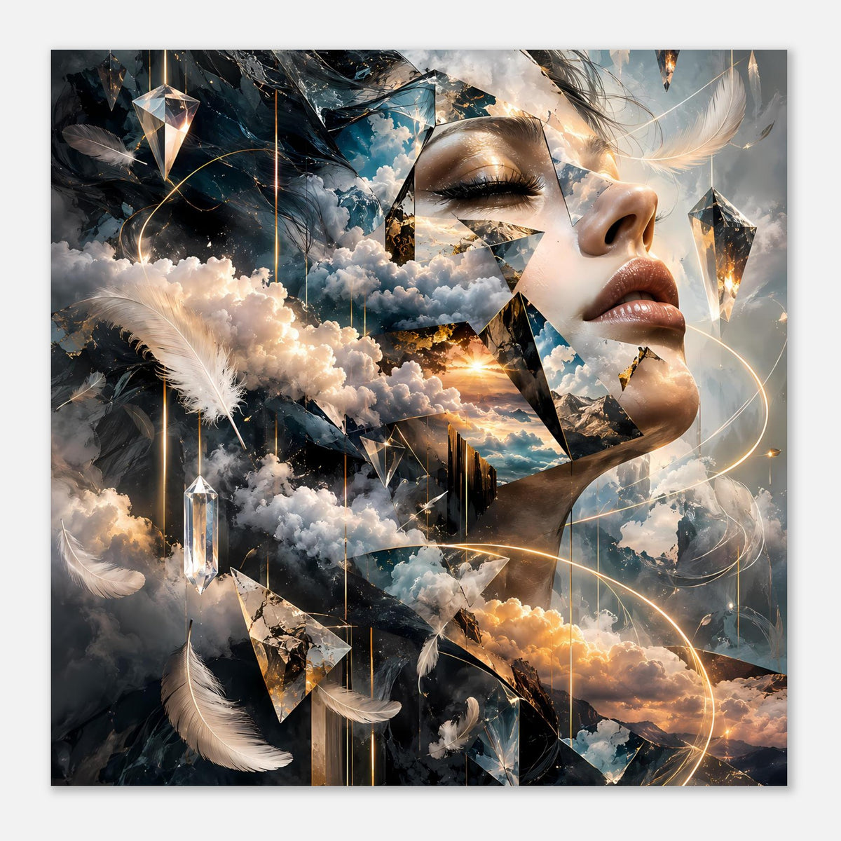 Quadratisches? Poster im Traumstil mit Frauenprofil, Wolken, Kristallen und goldenen Kreisen