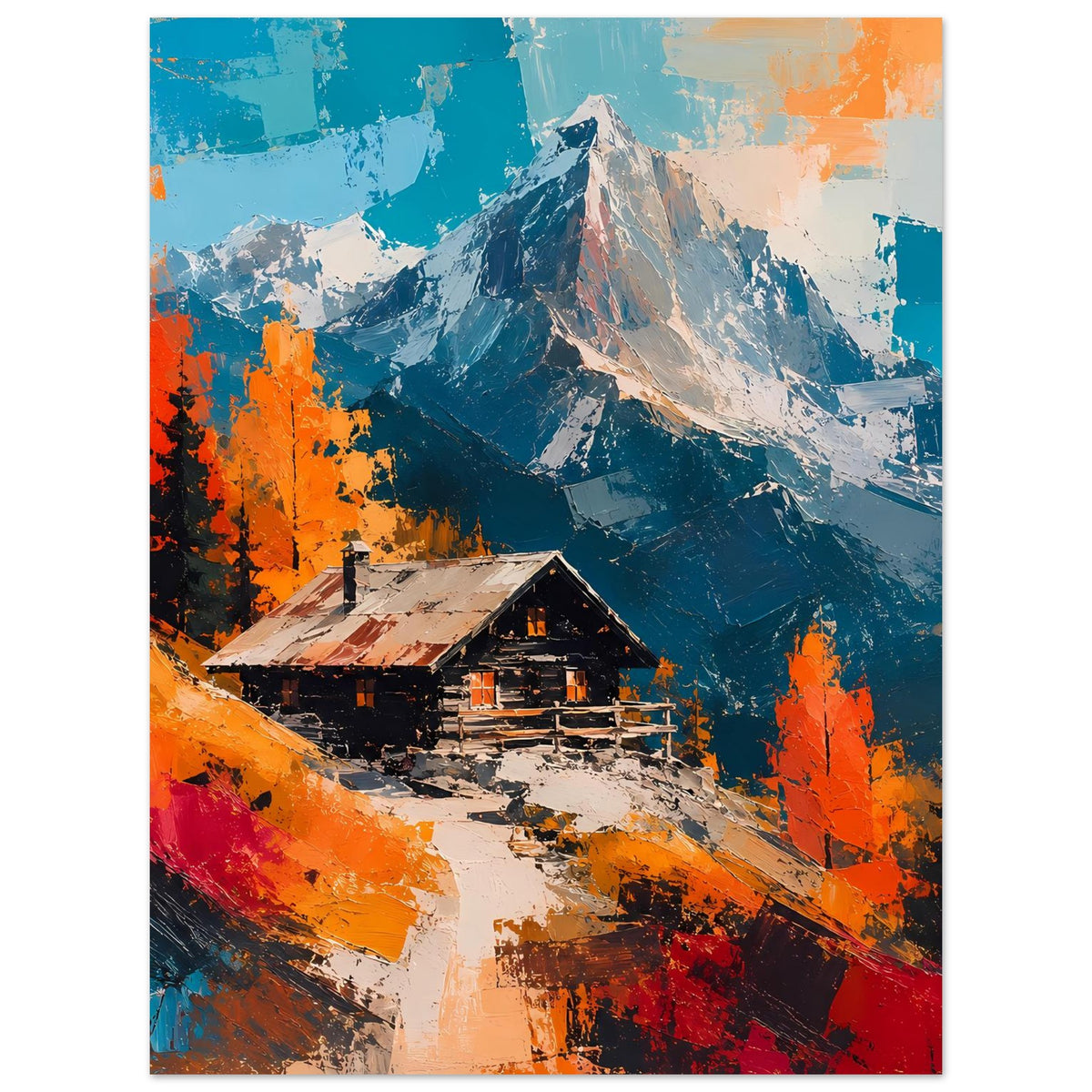 Poster mit Alpenhütte im Vordergrund und dramatischen Bergen, Blau/Orange Herbstfarben