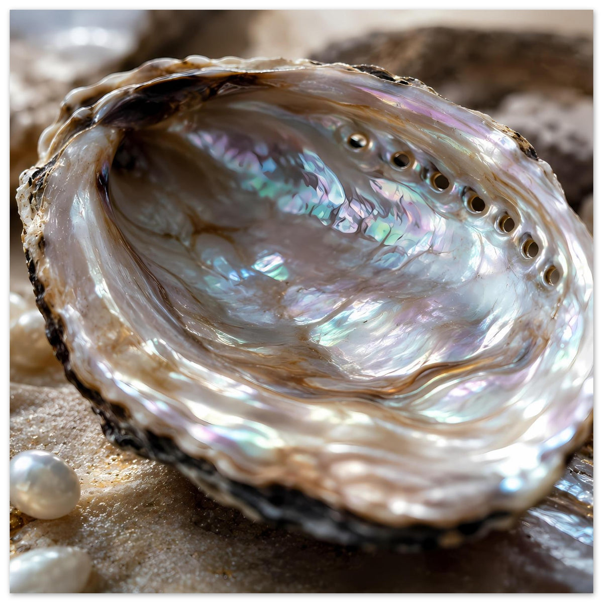 Abalone-Muschel mit Perlmuttglanz, schillernde Schale mit Öffnungen, blaugrüne Reflexe