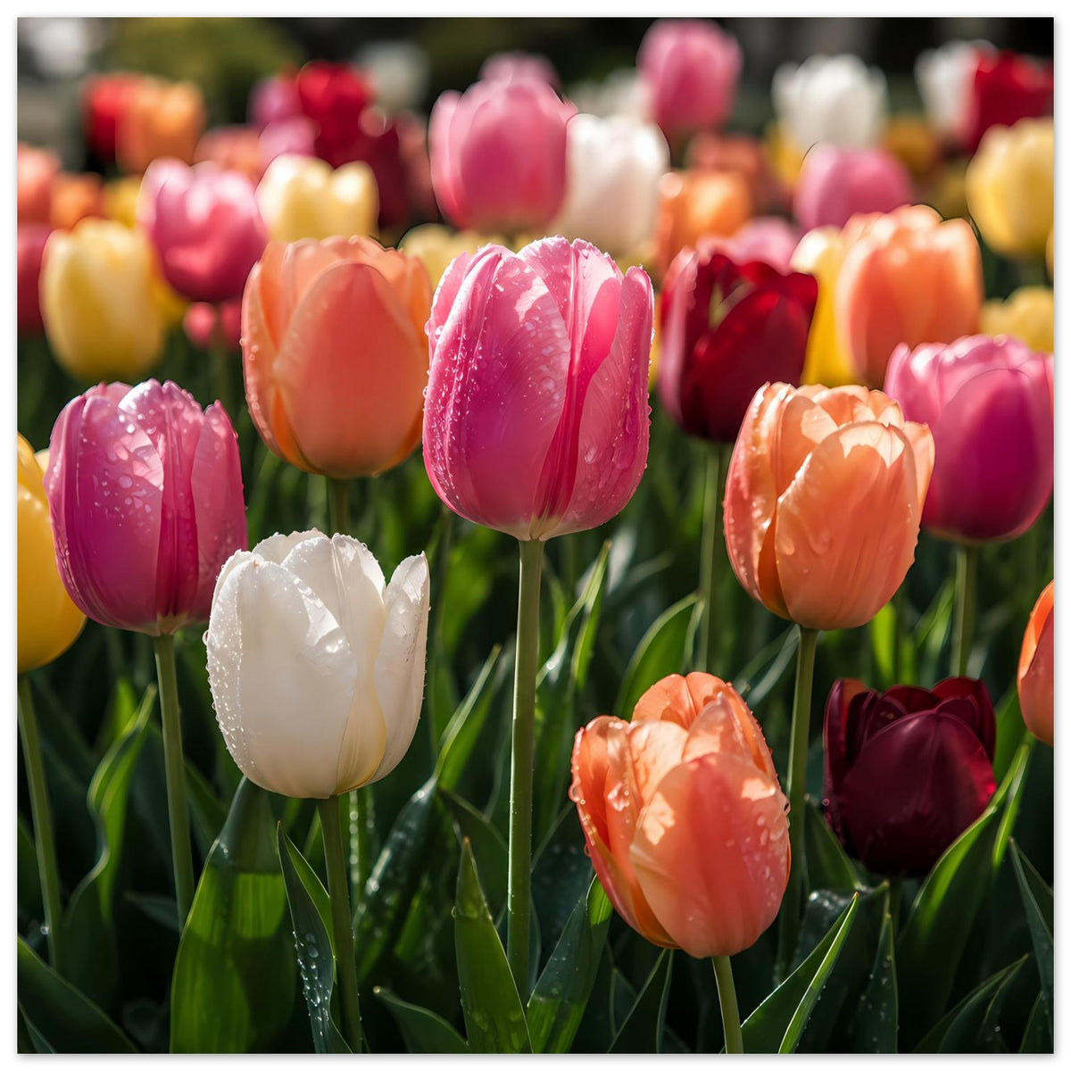 Tulpenposter im Querformat mit rosa Hauptblüte und orangefarbenen sowie roten Nachbartulpen