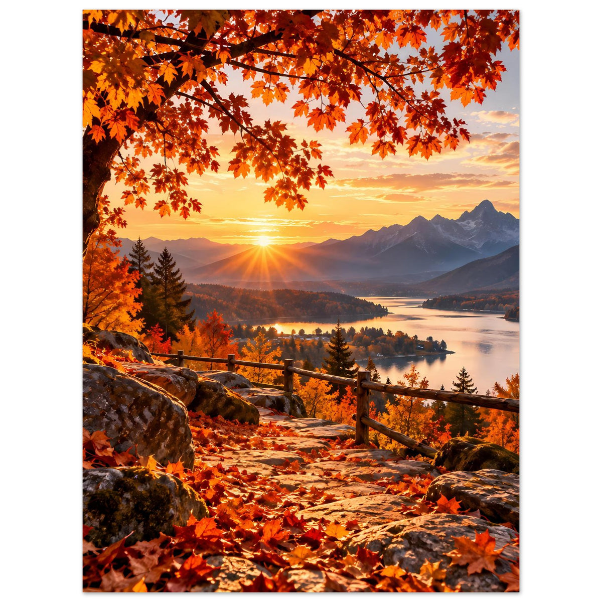 Herbstlandschafts-Poster mit orange-rotem Blätterdach, Sonnenuntergang über Bergen und See