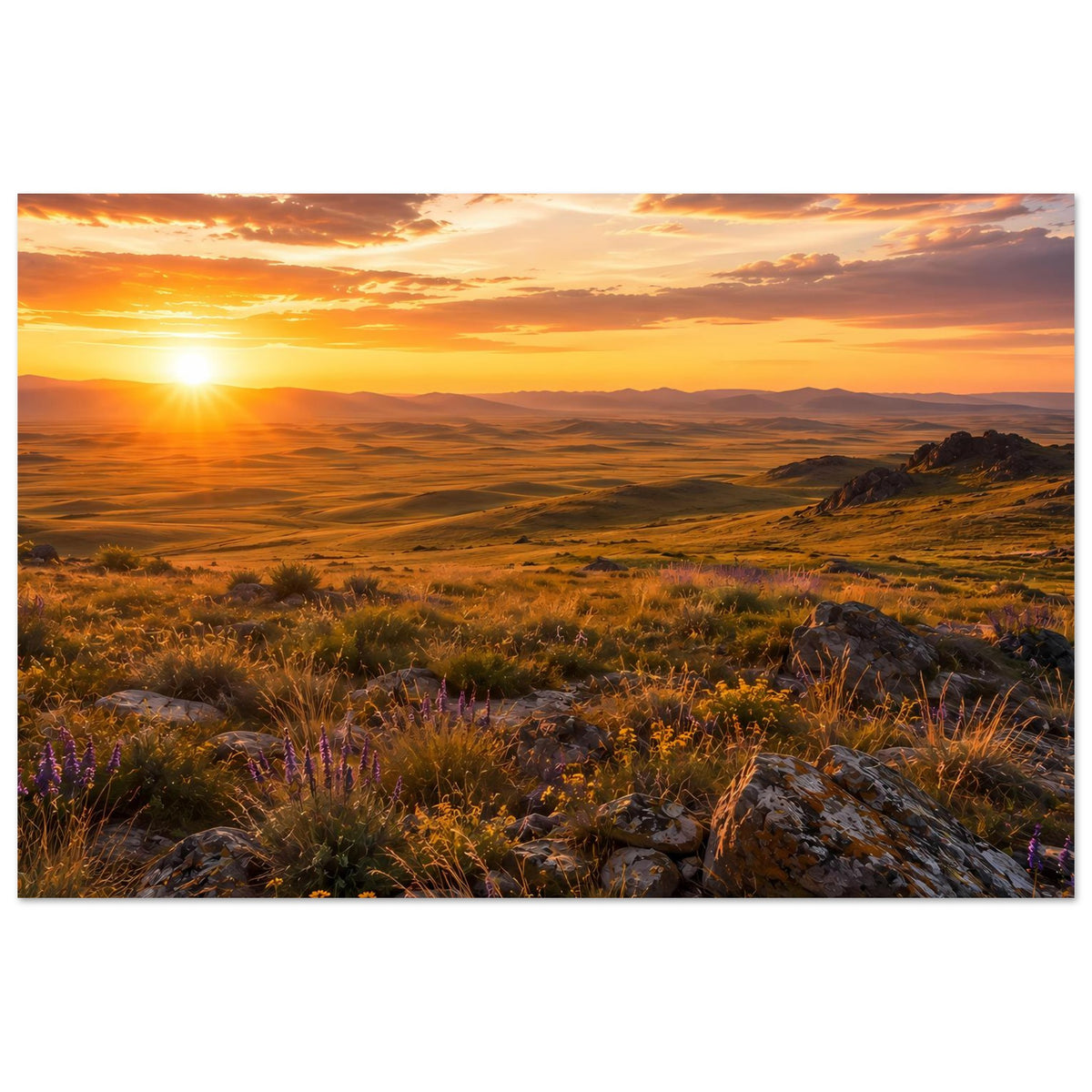 Horizontales Naturposter mit warmem Sonnenuntergang über Hügeln, Wildkräutern und Felsbrocken