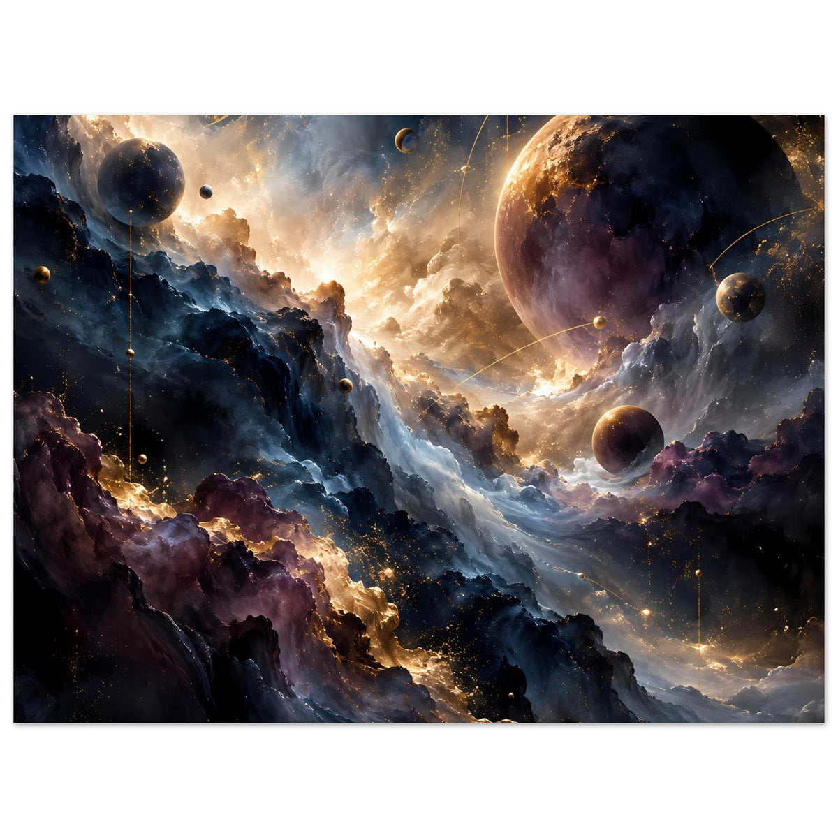 Weltraum-Kunstposter, dichter Ausschnitt mit violetten Nebeln, Planeten und goldenen Strahlen