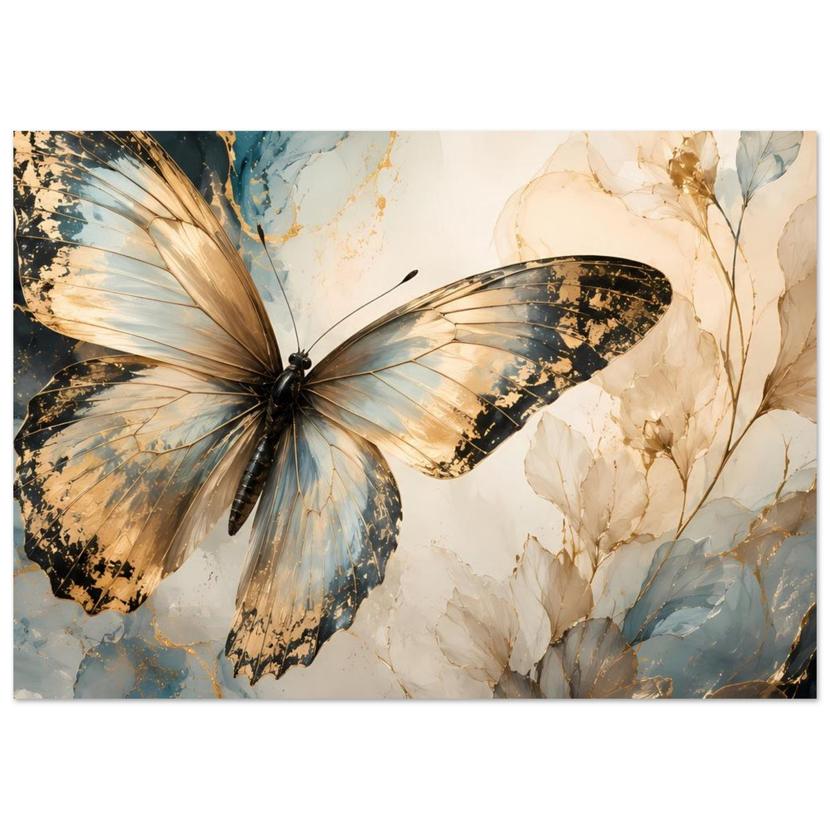 Horizontales Schmetterlings-Poster mit goldblauem Schmetterling und beigen Blumen im Rahmen