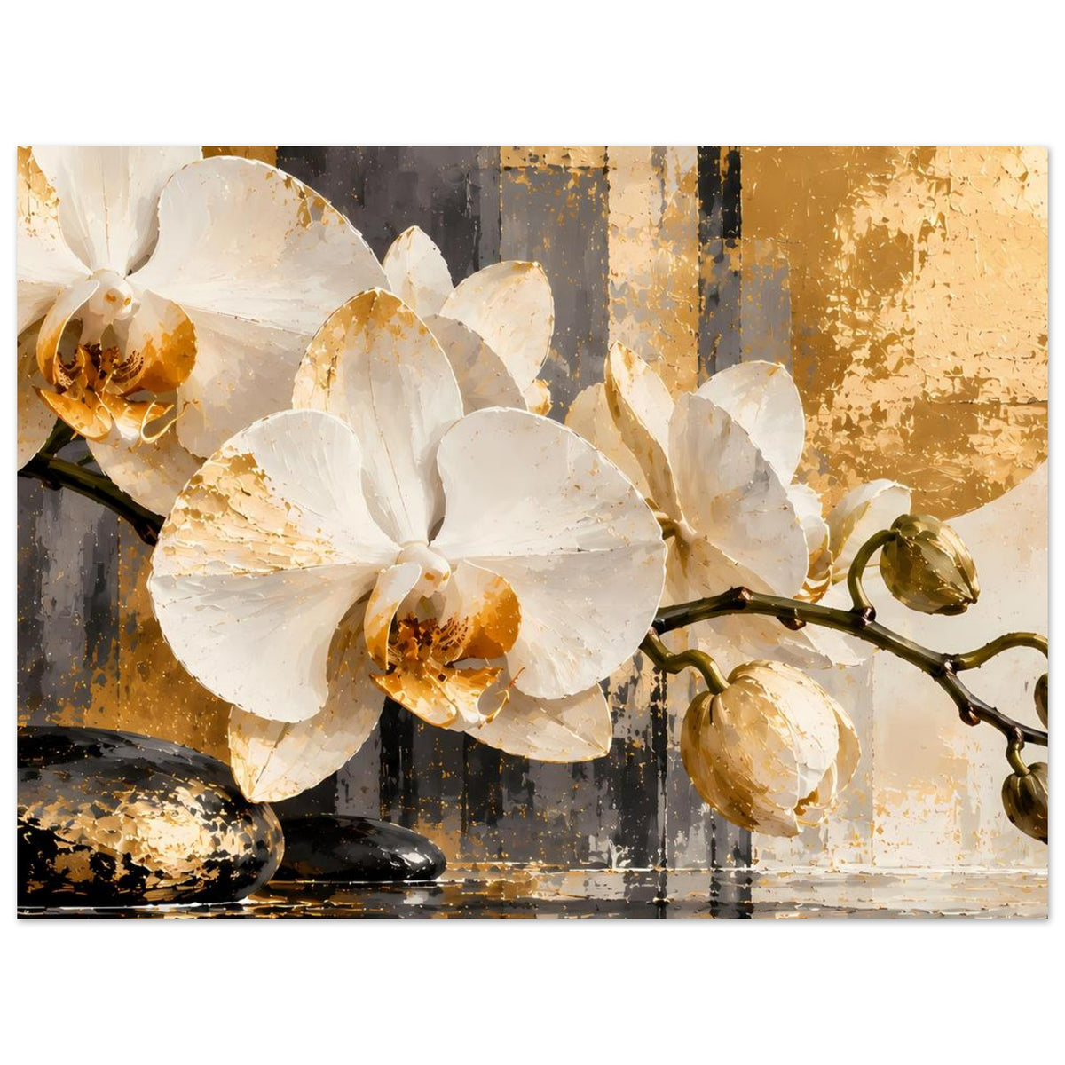 Poster mit weißen Orchideenblüten, goldfarbenen Details und stilisierten Stein-Elementen