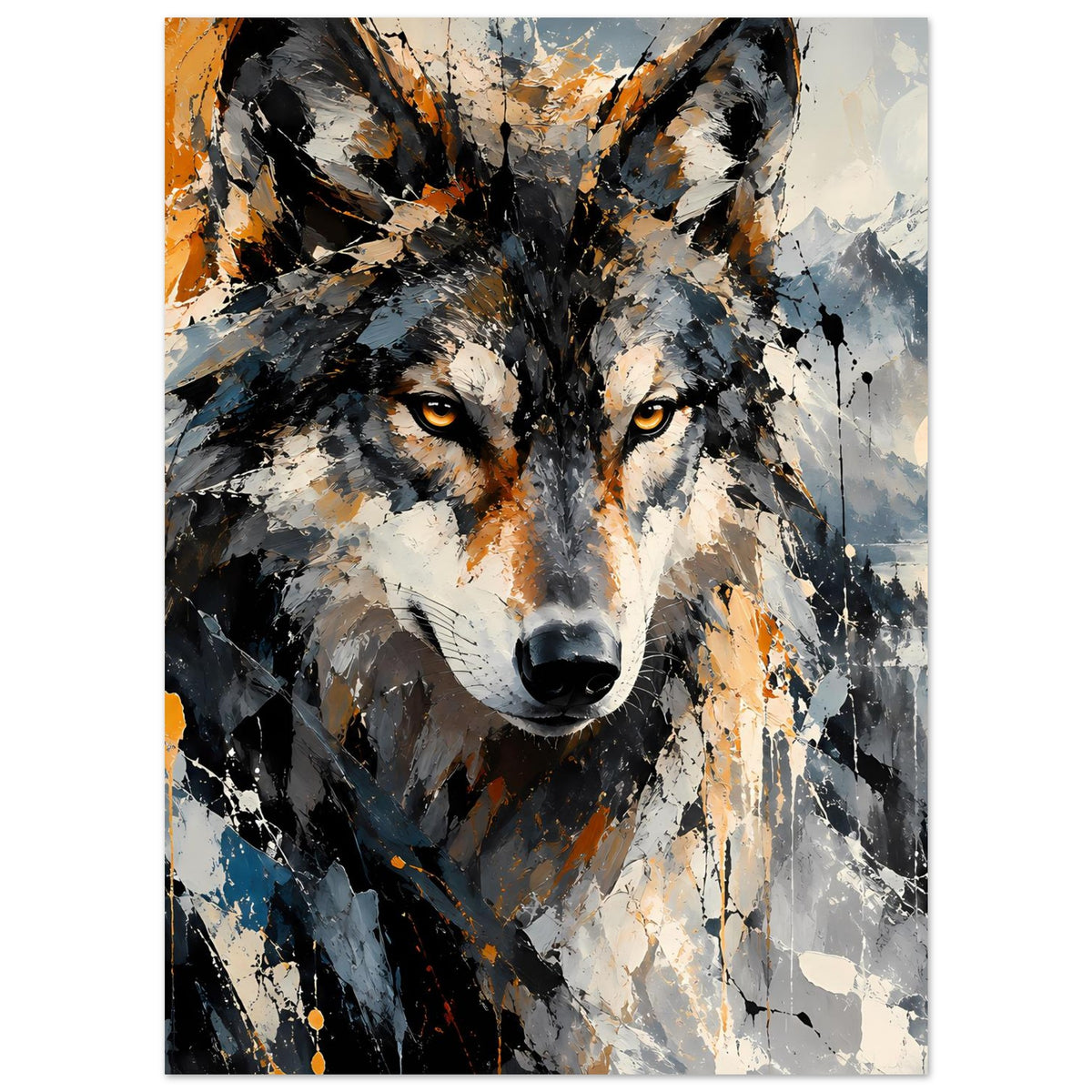 Abstraktes Wolf-Kunstposter in Orange und Grau, Wolfsblick nach vorn