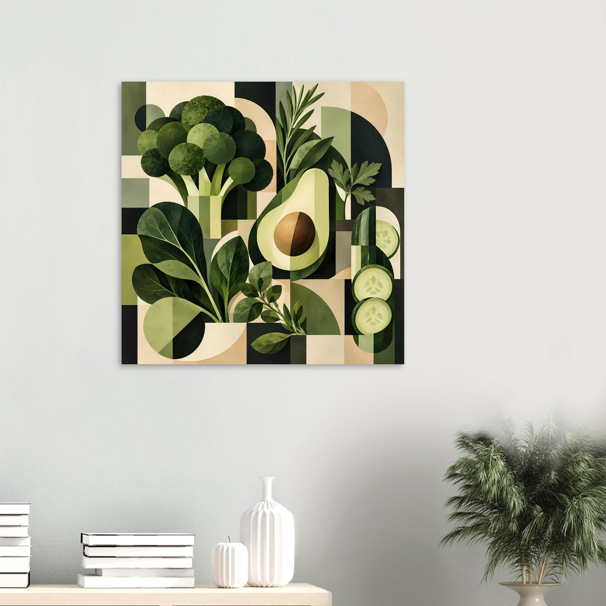 Gemüse-Poster im Quadrat mit Avocado und Pflanzenblättern aus geometrischen Flächen in Grün