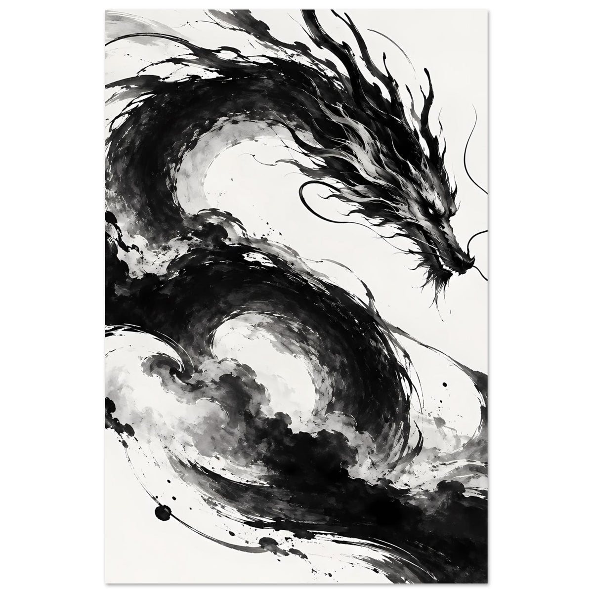 Drachenkunst-Poster Schwarzweiß im Hochformat mit Drachenkopf und Schwanz, mittiger Ausschnitt