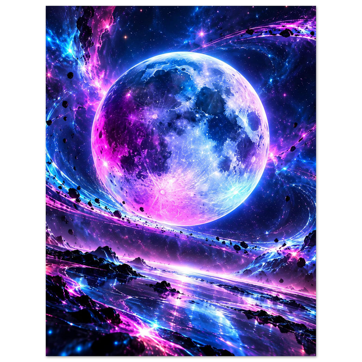 Poster im Hochformat mit leuchtendem Planeten in Blau und Lila, umkreist von Raumtrümmern