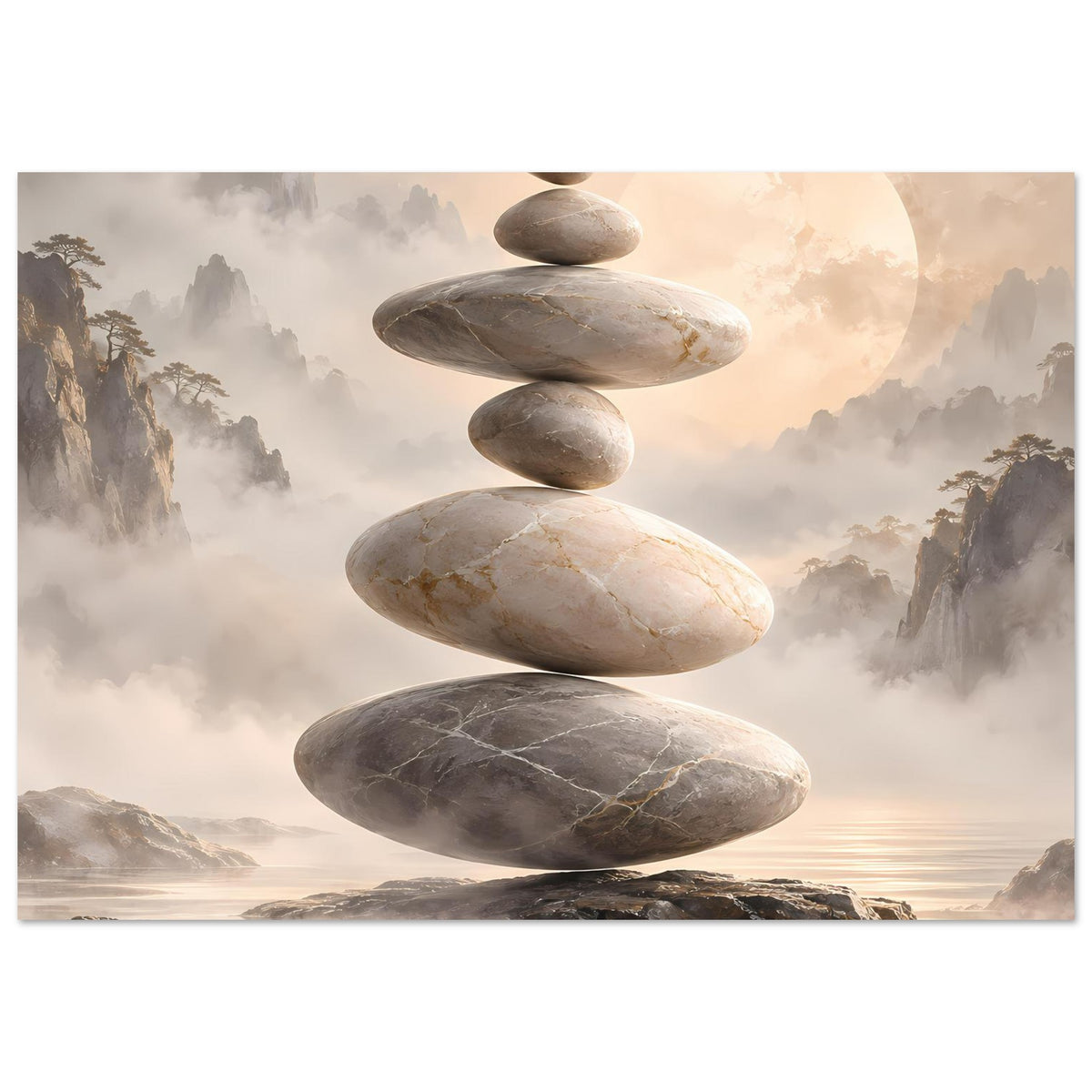 Zen-Steine in Balance vor nebligem Hintergrund in sanften Beige- und Grautönen – Posteransicht 41