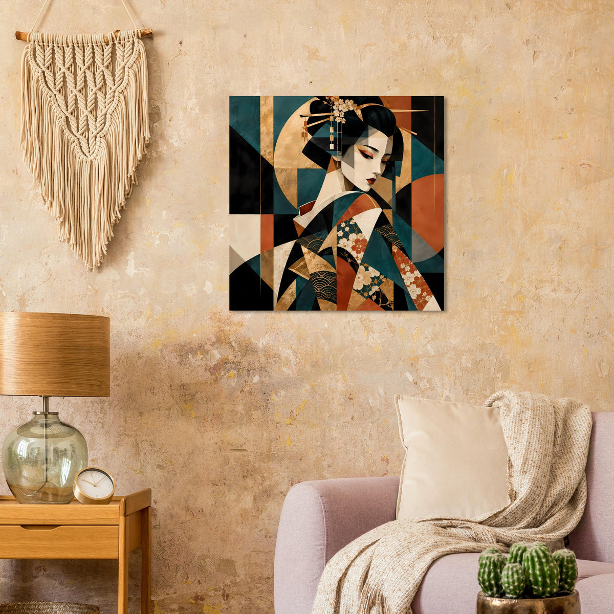 Quadratisches Kunstposter mit Geisha im Kimono, floralen Details und geometrischen Flächen.