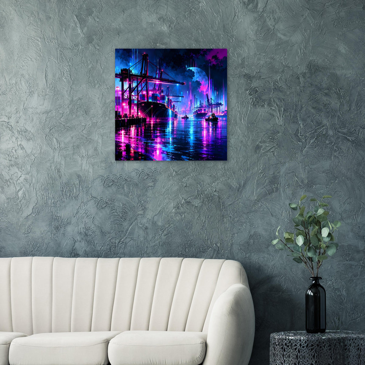 Neon-Hafenposter an grauer Wand mit leuchtendem Hafenkran und farbiger Reflexion