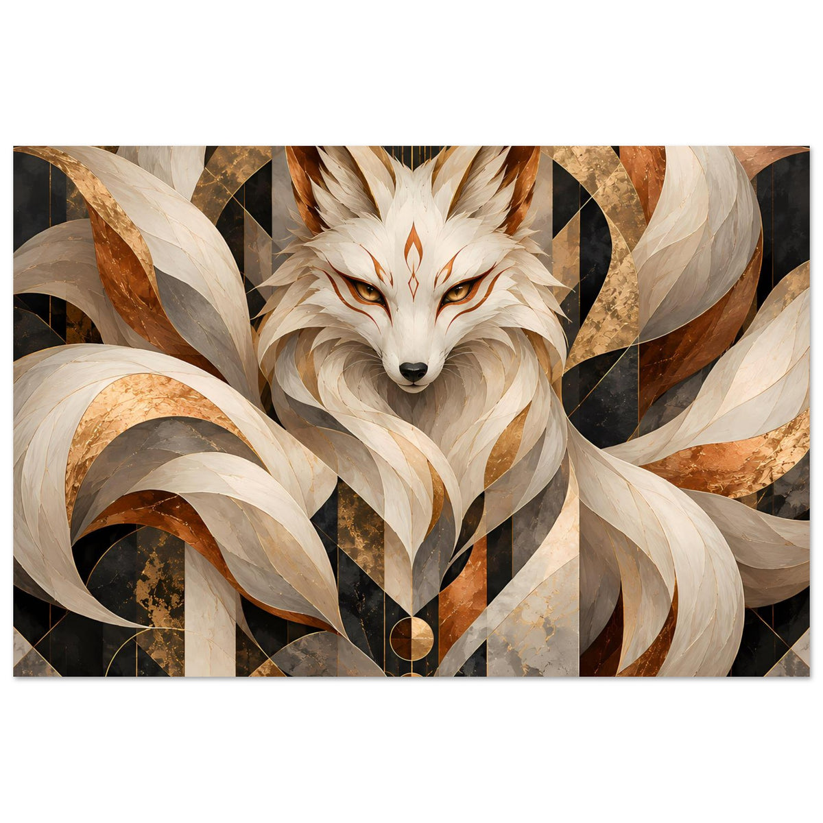 Geometrisches Poster mit mystischem Fuchs in Erdtönen und Gold, zentriertes Fuchsgesicht, weiße Fellsträhnen