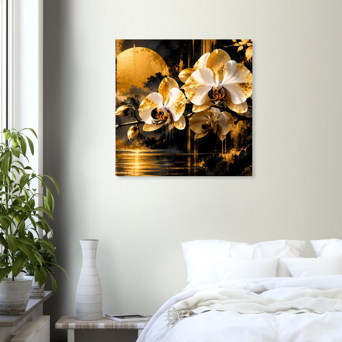 Quadratisches Poster mit weißen Orchideen, goldenen Akzenten und dunklem Farbverlauf