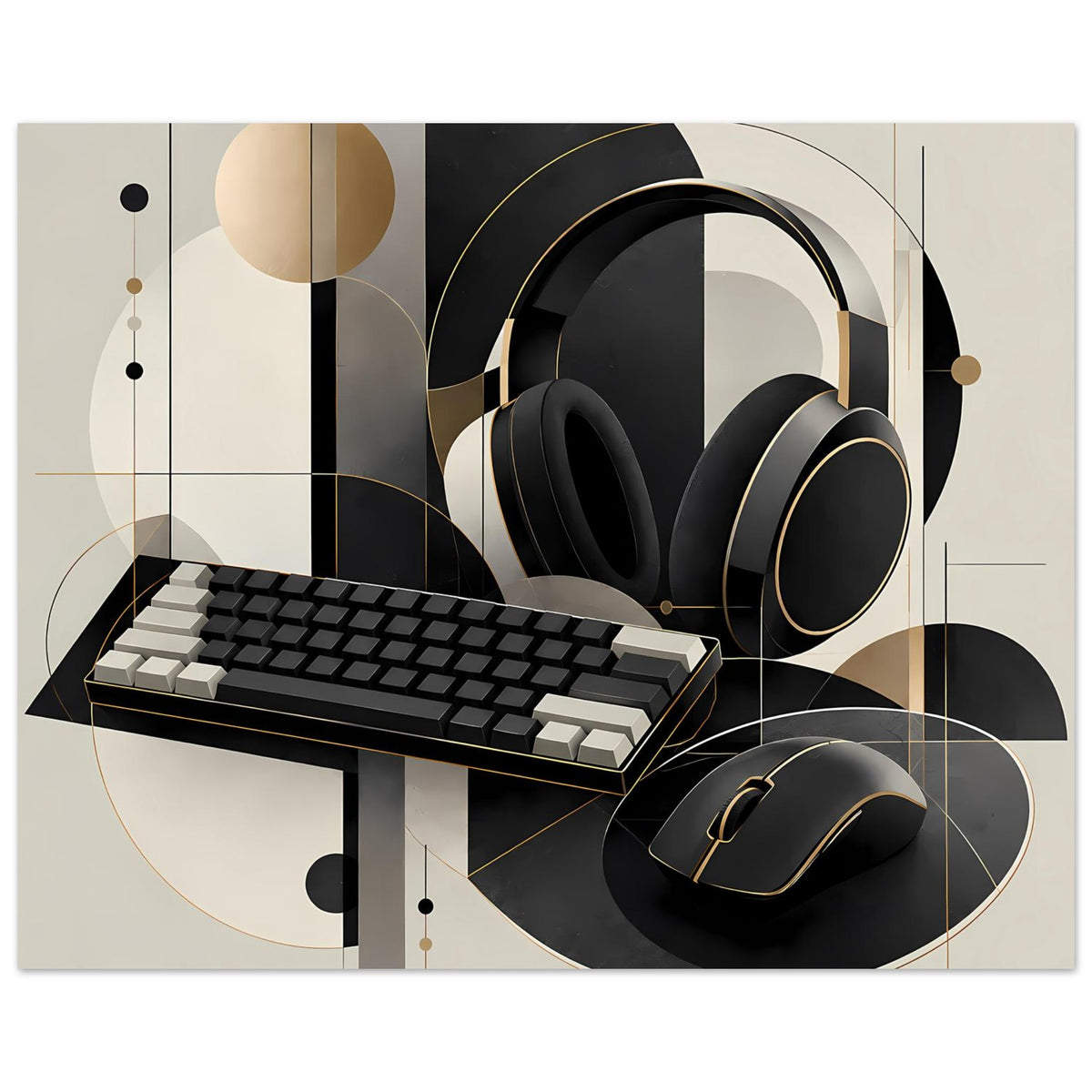 Gaming-Poster: schwarze Tastatur, Headset und Maus mit Goldlinien und Kreisformen im Beige