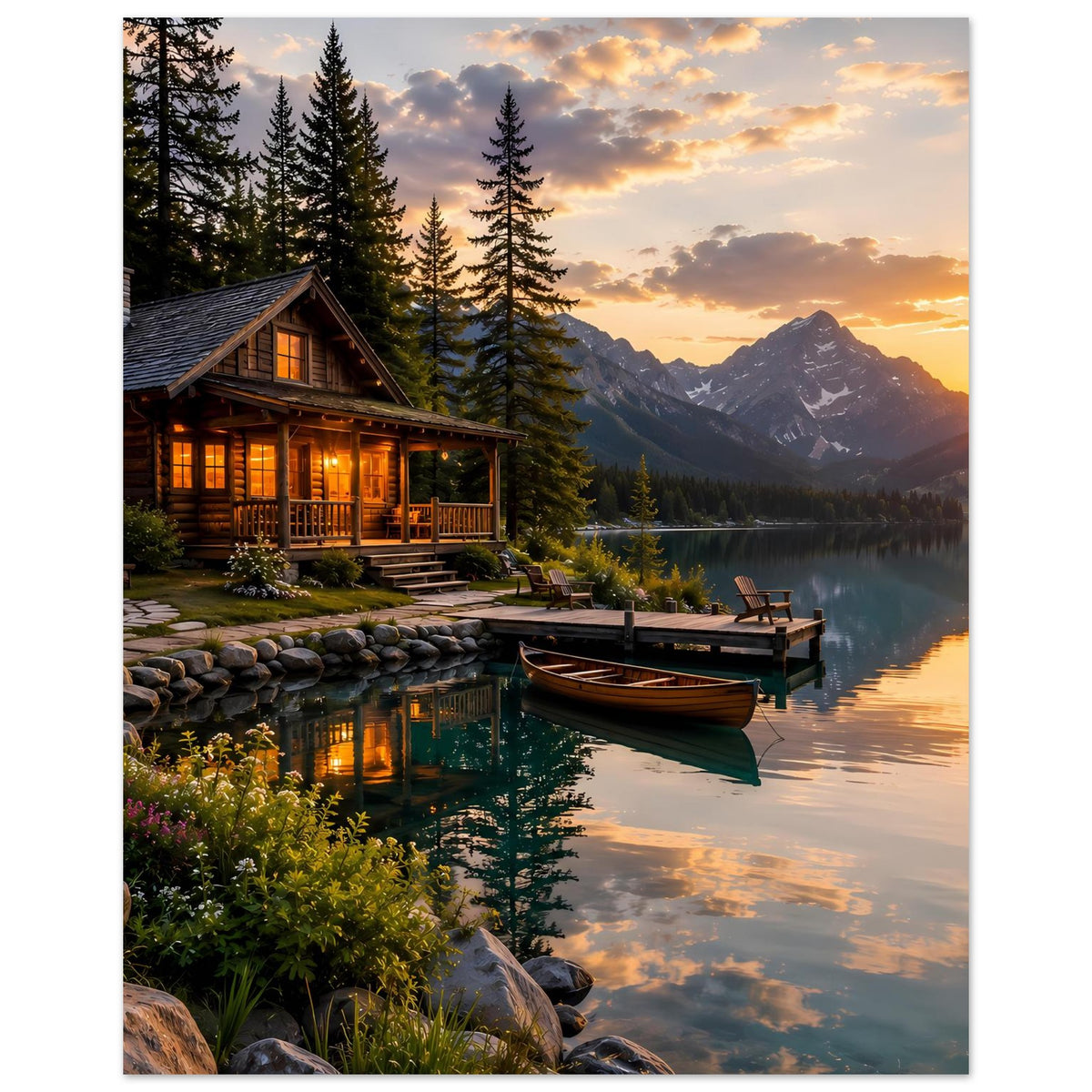 Landschafts-Poster im Hochformat: See mit Blockhütte, Steg und Sonnenuntergang