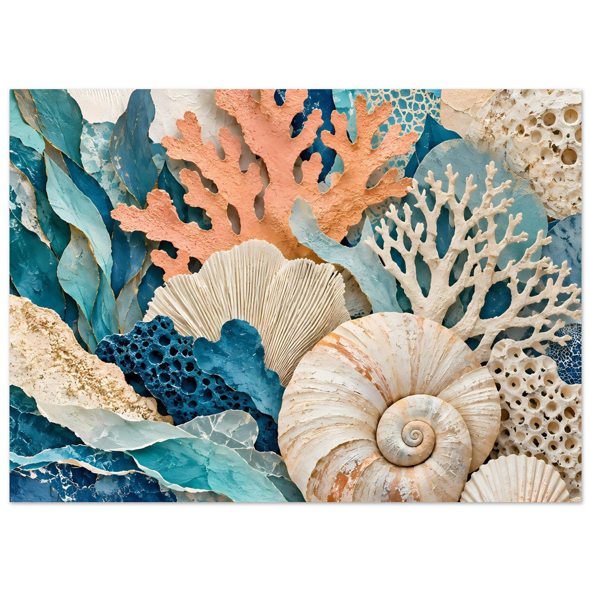 Meerestief-Poster mit Korallen und Muscheln, türkisfarbene Wasserflächen und orange Koralle