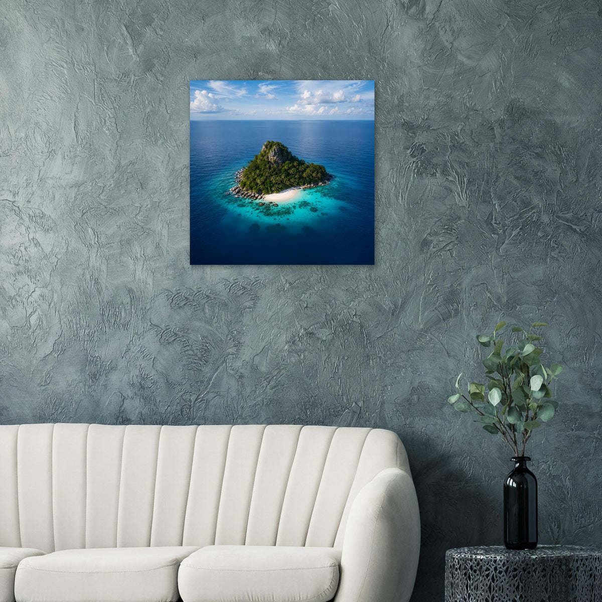 Quadratisches Poster: tropische Insel im blauen Meer mit Sandbank, naturgetreues Inselmotiv