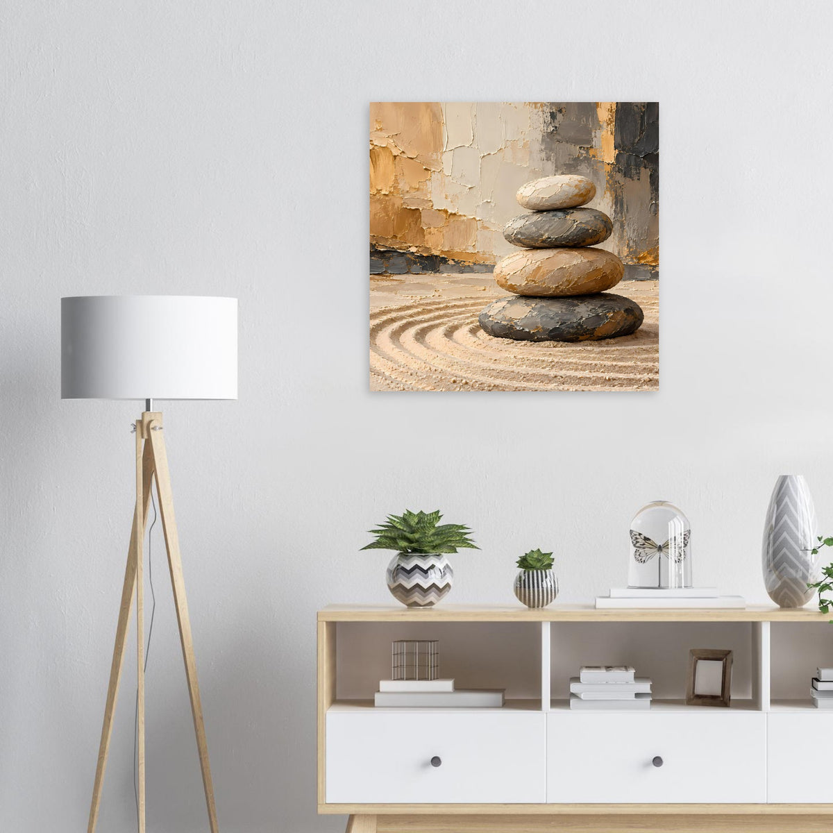 Zen-Balance-Stack Poster mit gestapelten Steinen, warmen Erdtönen und Sandmuster