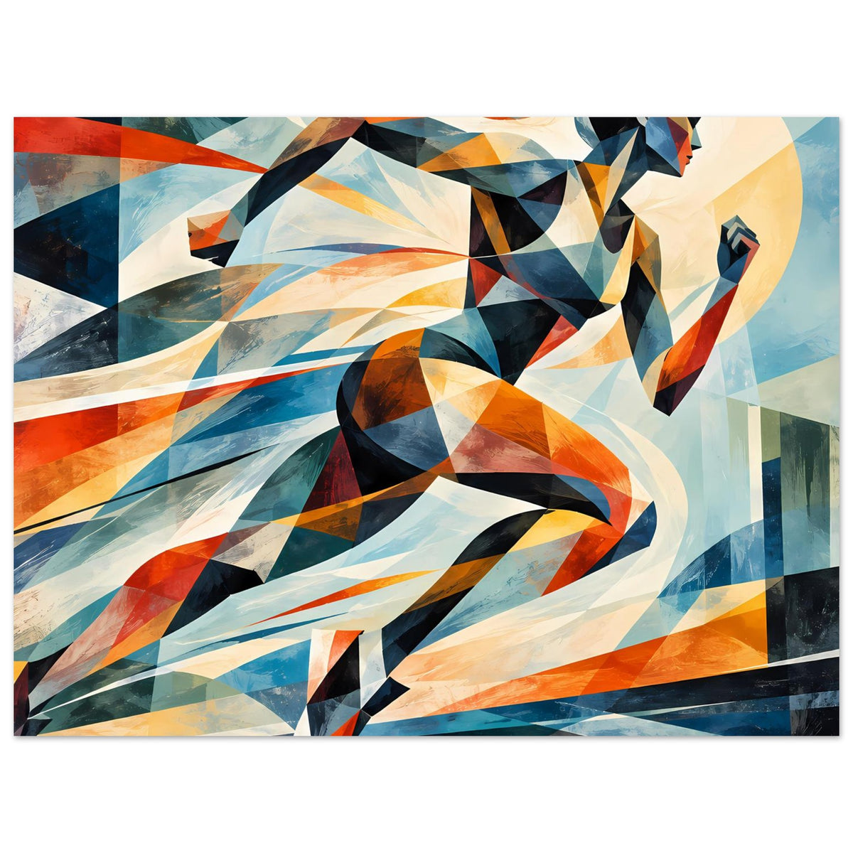 Horizontales Poster mit abstrakter Läuferin, geometrische Farben in Blau und Orange
