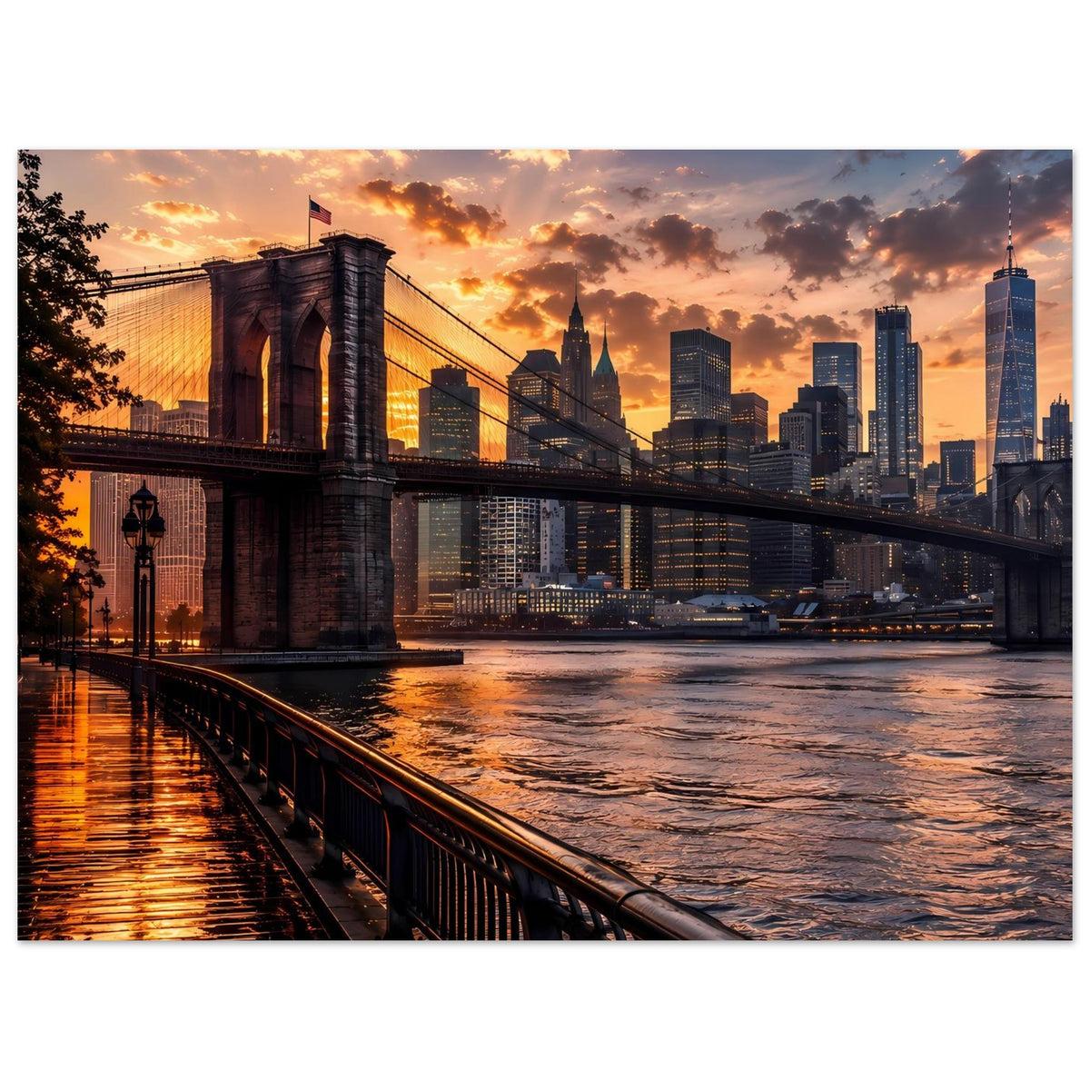 Poster mit Brooklyn Bridge, Fluss und Manhattan-Skyline im warmen Abendlicht