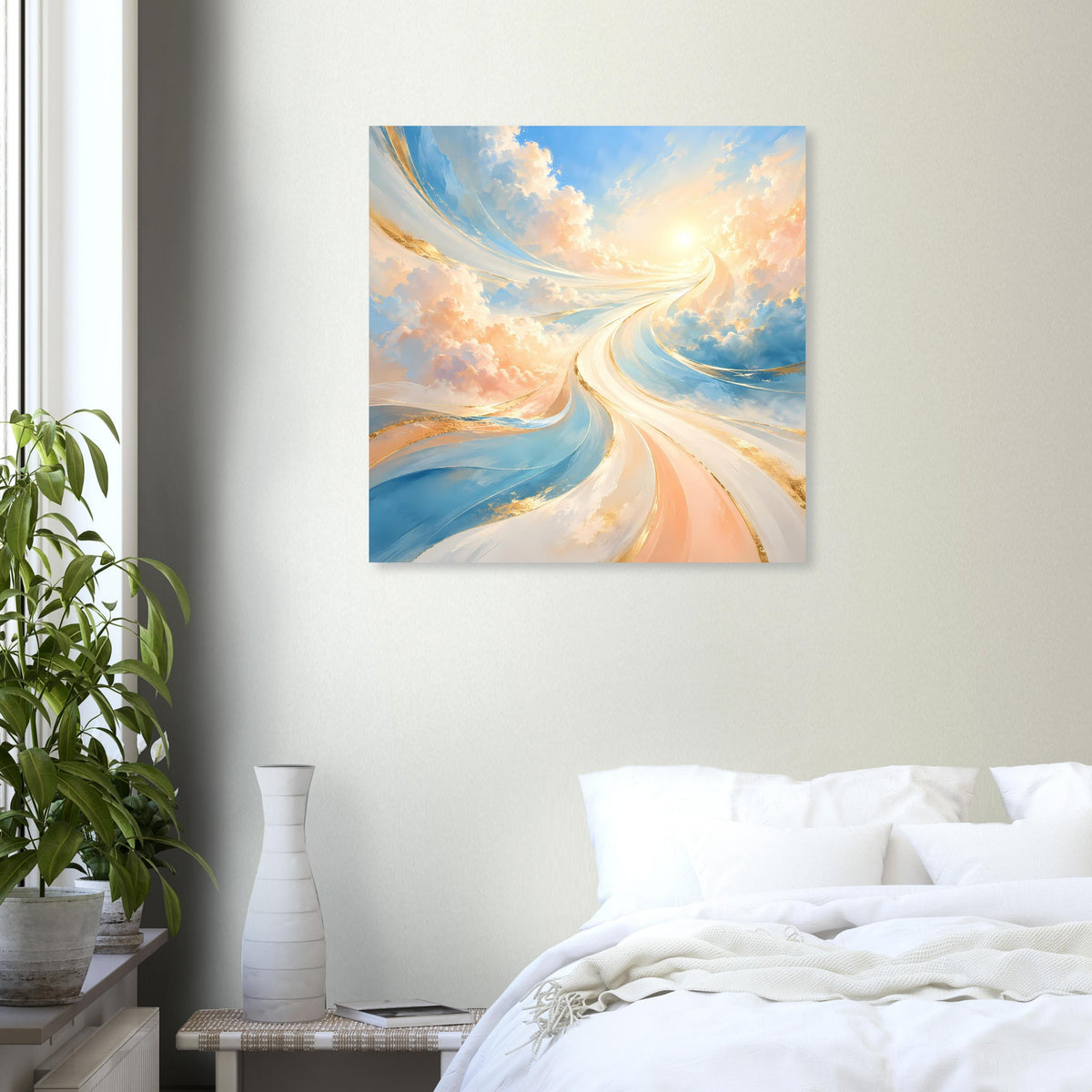 Fantasie-Poster an der Wand mit pastellfarbenem Himmel und hellem Lichtpfad
